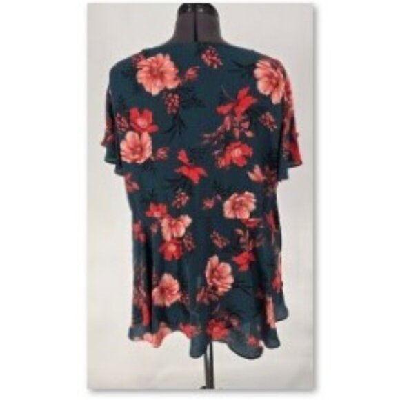 616-33 Torrid Teal Floral Georgette Flutter Sleeve Babydoll Top Blouse 2 (18/20) - Picture 3 of 10